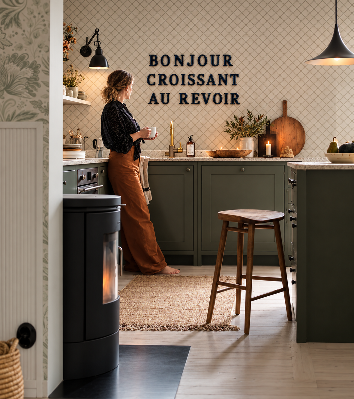Keramische letters BONJOUR CROISSANT AU REVOIR aan een keukenmuur