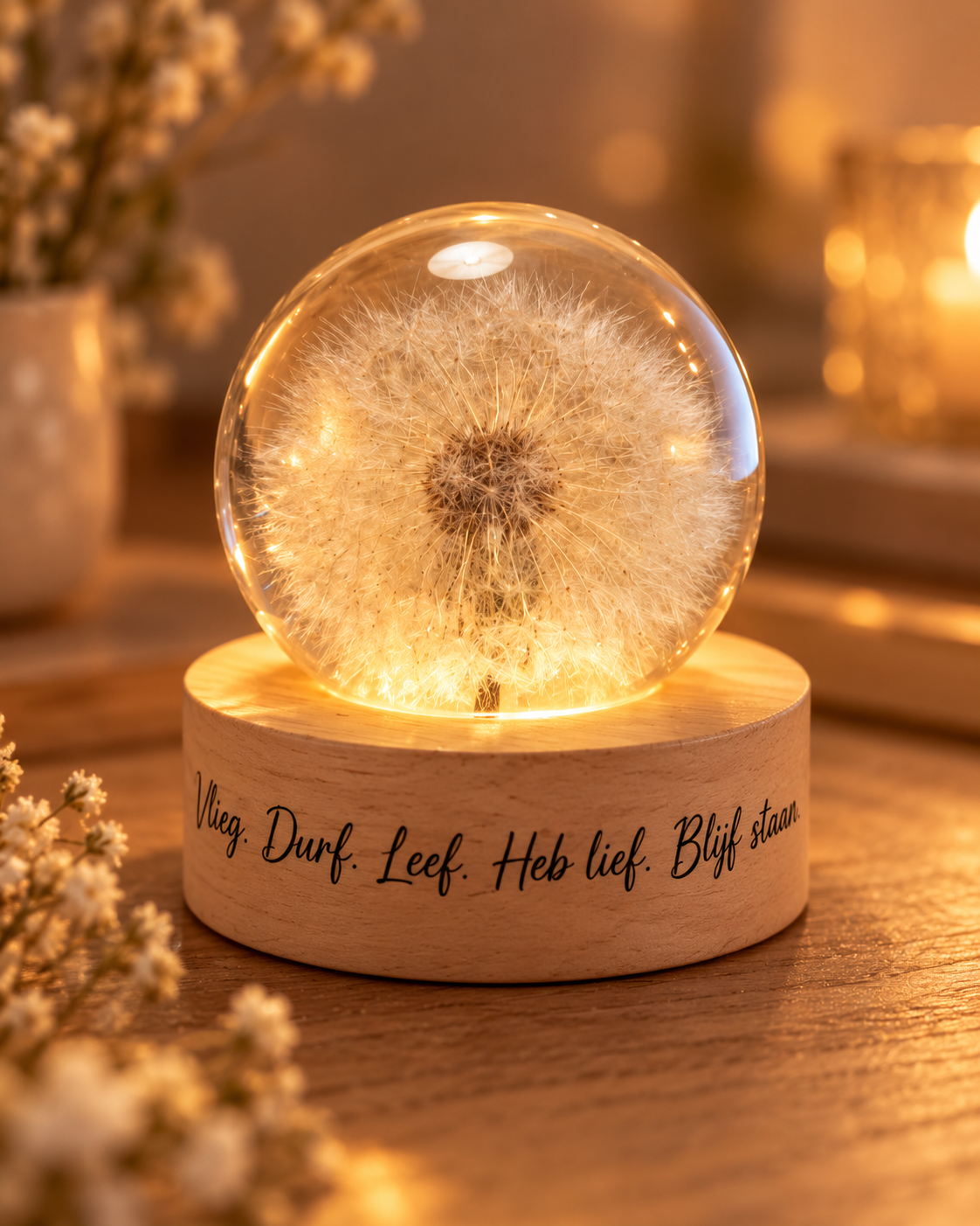 Wensbol op verlichte houten voet met de tekst Vlieg. Durf. Leef. Heb lief. Blijf staan.