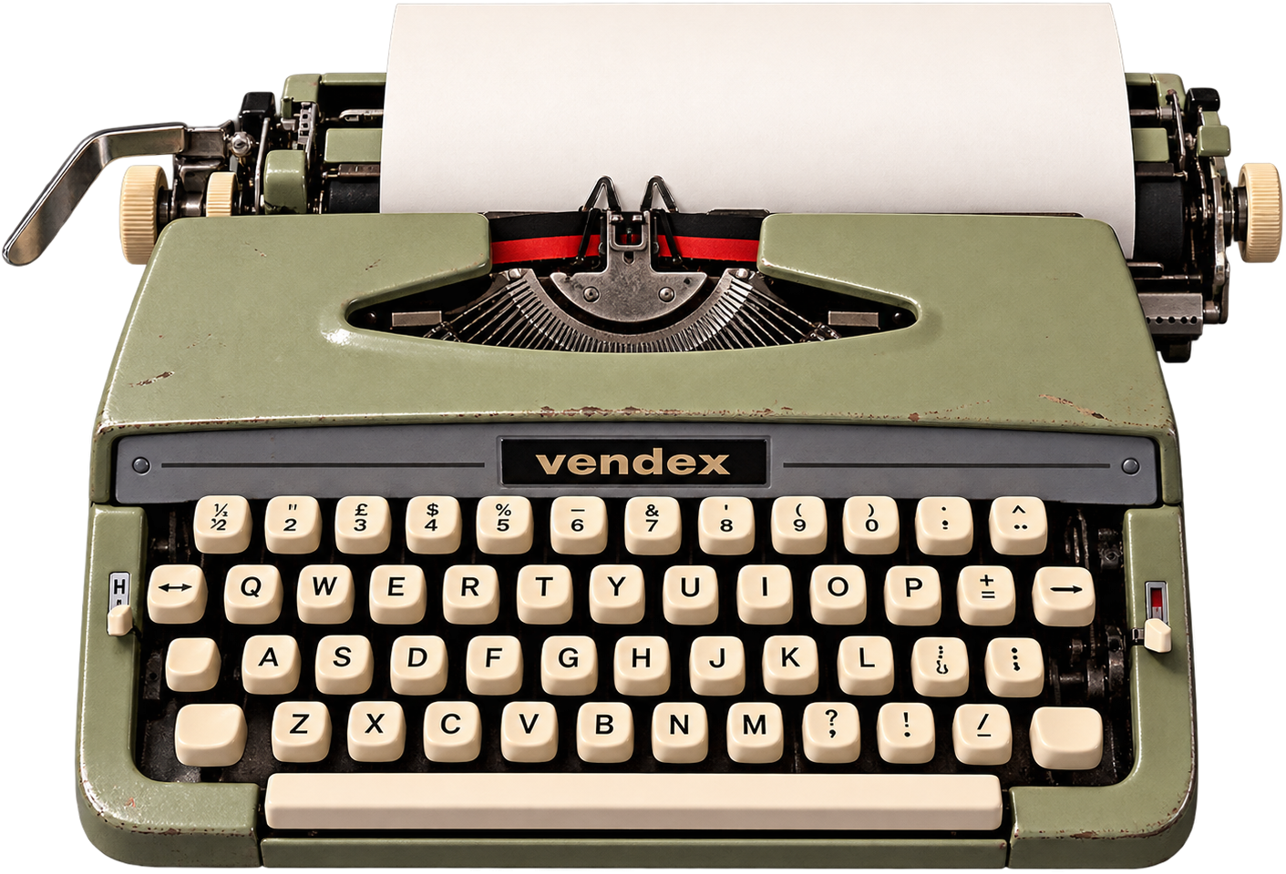 Vrijstaande grijsgroene Vendex-typemachine met leeg papier