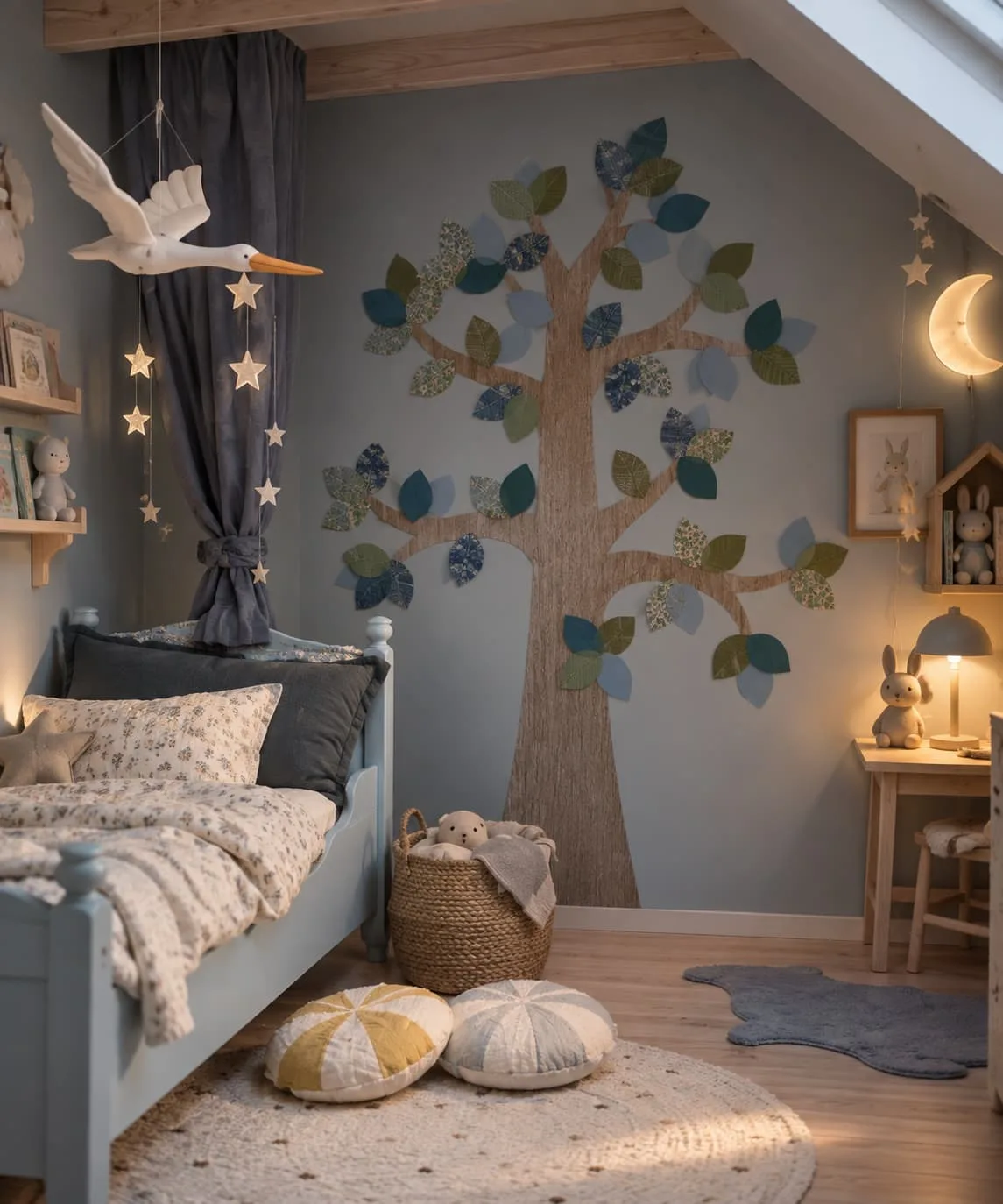 Kinderkamer met een groen-blauwe MAREL-Wonderboom op de muur