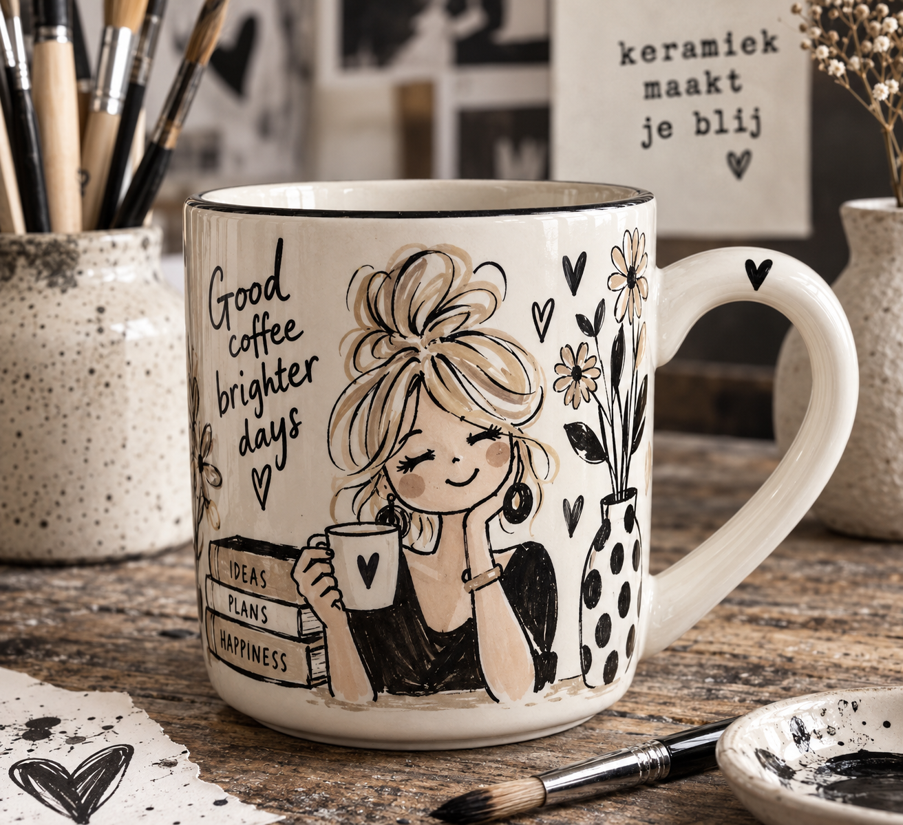 Mok jezelf!: zwart-wit-beige geïllustreerde mok met koffiemoment